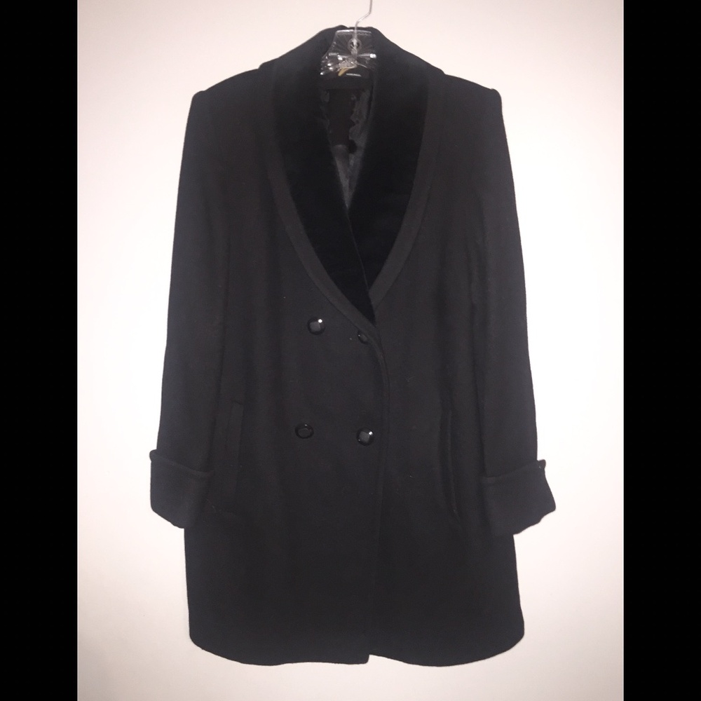 Jo-D Vintage Black mid length dress jacket MEDIUM velvet collar pea coat